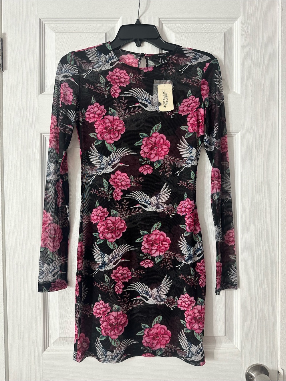 Forever 21 Crane and Floral Print Mesh Bodycon Mini Dress size S